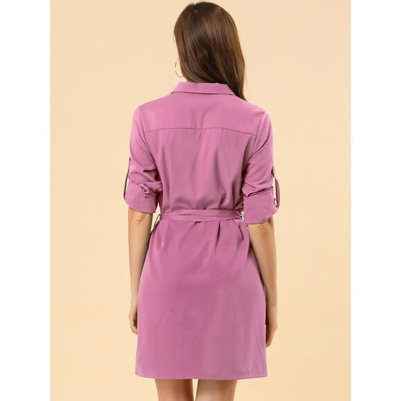 Roll Up Sleeves Multi-Pocket Safari Belted Collared Shirt Dress Purple Plum - Picture 4 of 6
